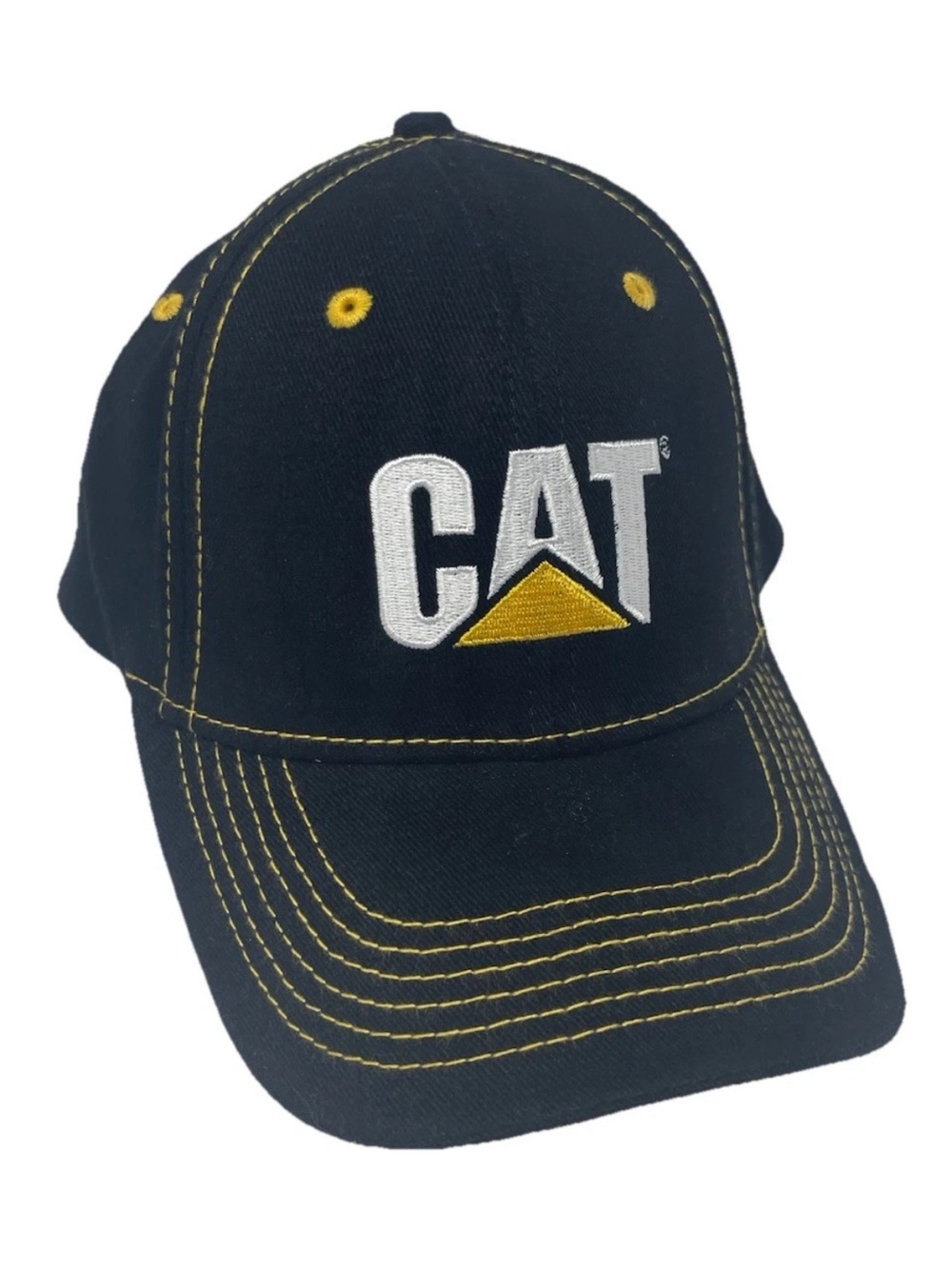 CAT Caterpillar Black Adjustable Baseball Cap Yellow Contrast Stitching NEW